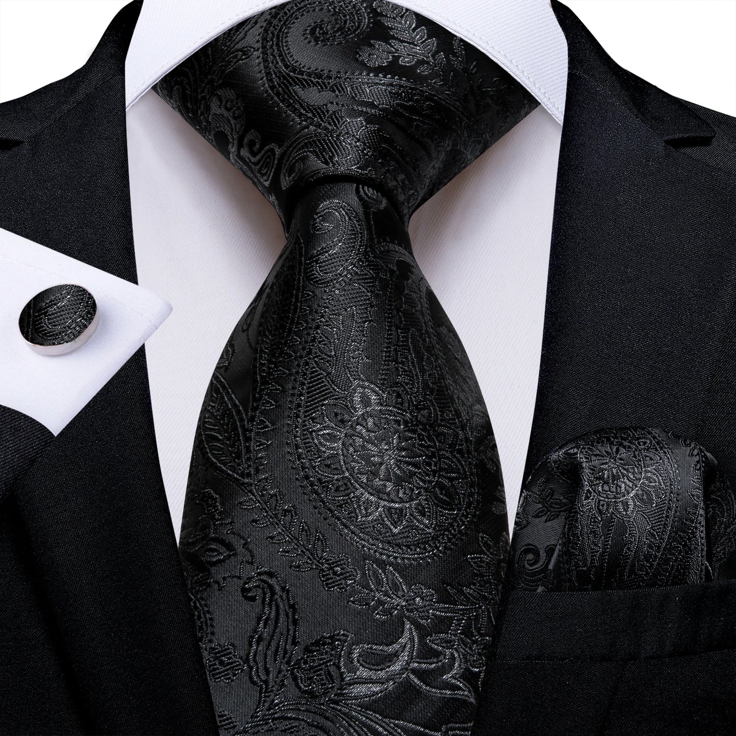 premium black silk tie set
